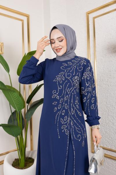 naz yapraklı yırtmaçlı abiye Lacivert