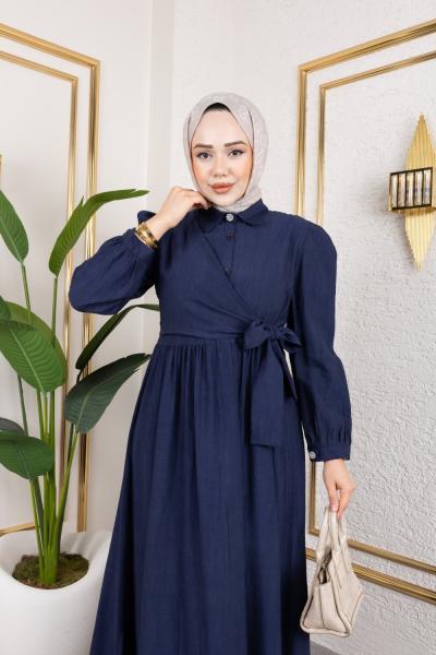 Önden Baglamalı Batik Elbise Lacivert