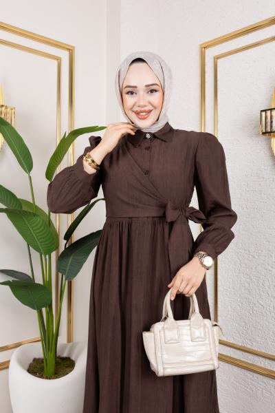 Önden Baglamalı Batik Elbise Kahverengi