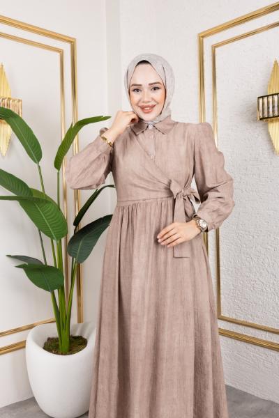 Önden Baglamalı Batik Elbise Ekru