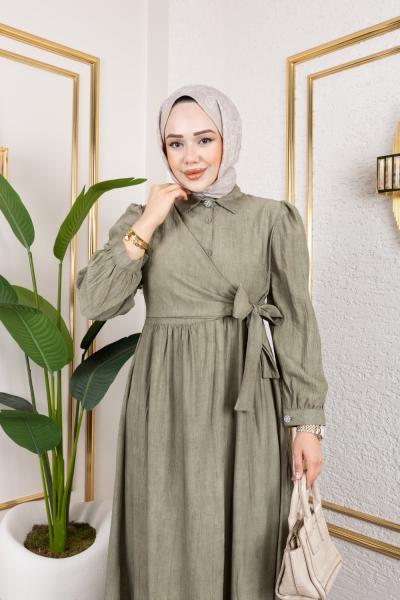 Önden Baglamalı Batik Elbise Taş Haki