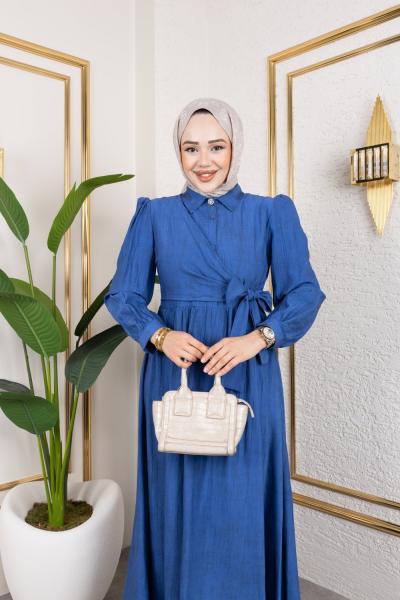 Önden Baglamalı Batik Elbise Mavi