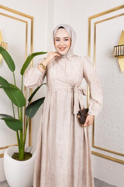 Önden Baglamalı Batik Elbise Krem