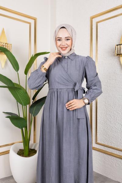 Önden Baglamalı Batik Elbise Gri
