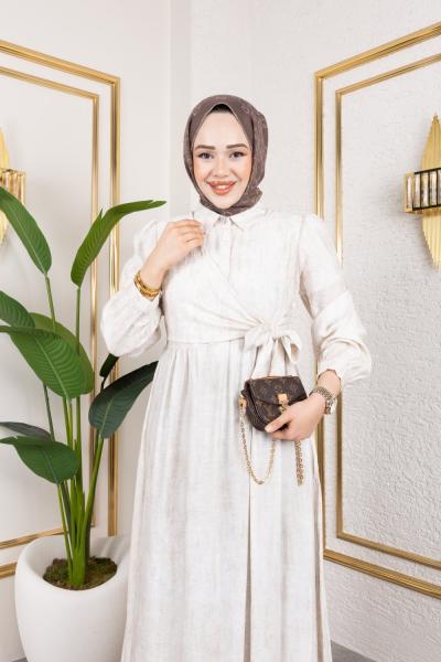 Önden Baglamalı Batik Elbise Bej